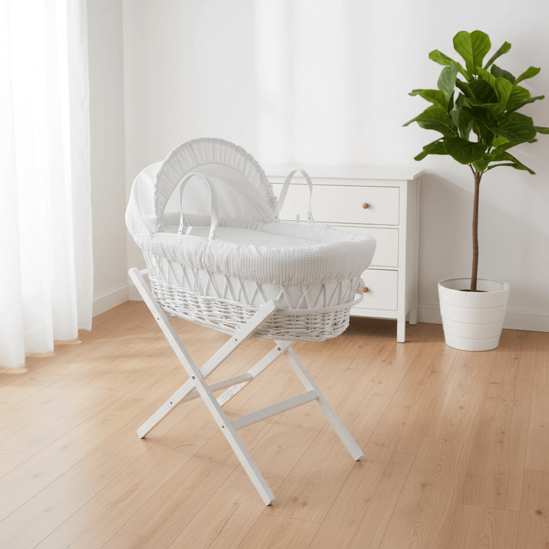 thumbnail interactive-video image 1 of For Your Little One Baby Moses Basket – White Waffle Bedding, Grey Wicker, Mattress Included 1 of 6