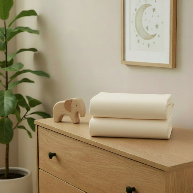 Cream 2 Pack Universal Fitted Cotton Moses Basket Sheets - 74 x 30 cm folded on a changing unit in the nursery | Soft Baby Sheets | Moses Basket Bedding - Clair de Lune UK
