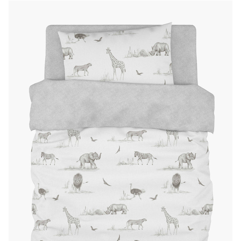 Zambezi Fitted Cot Sheet in Grey Dot Print shown with the matching bedding | Baby Sheets | Cot & Cot Bed Bedding - Clair de Lune UK