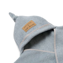 Grey Star Fleece Baby Wrap Blanket Close up of the Knotted Hood and vegan leather label stating that it's made with love | Cosy Baby Blankets | Swaddle Blanket | Nursery Bedding - Clair de Lune UK