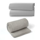 Folded Grey Soft Cotton Cellular Cot Blanket bundled with a pair of two matching soft cot/cot bed sheets in grey | Cosy Baby Blankets & Swaddles | Nursery Bedding | Winter Baby Essentials - Clair de Lune UK