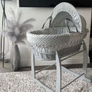  Grey Dimple Grey Wicker Moses Basket on the Grey Deluxe Rocking Stand in a grey living room | Moses Baby Baskets, Bassinets & Co-sleepers | Nursery Furniture - Clair de Lune UK