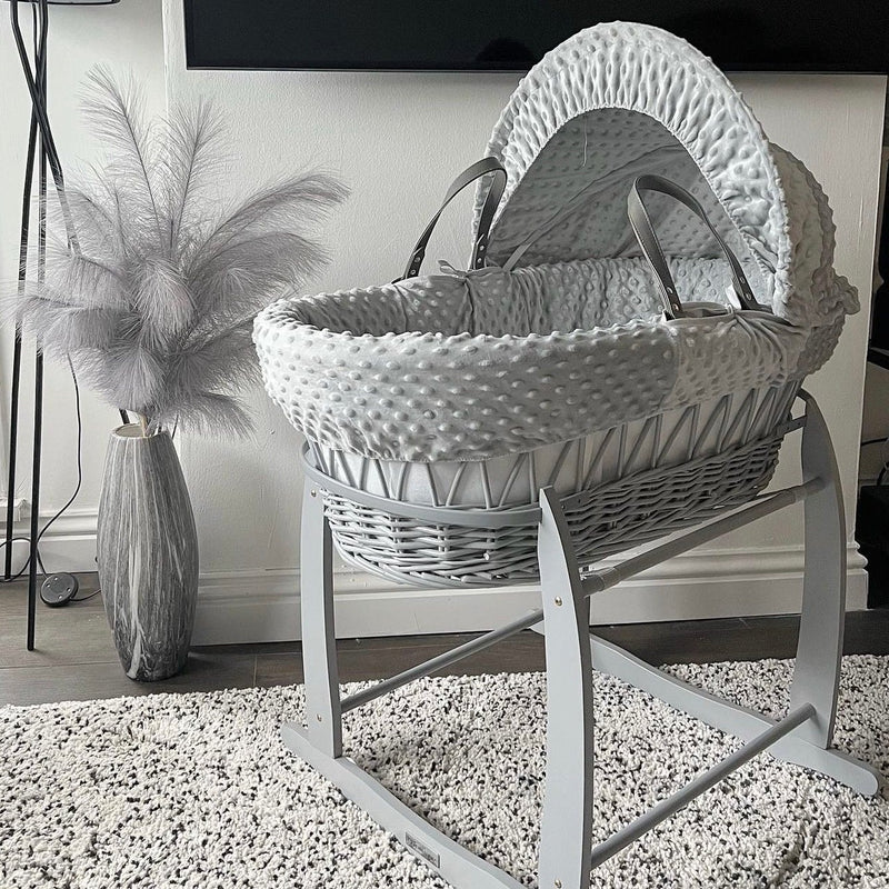  Grey Dimple Grey Wicker Moses Basket on the Grey Deluxe Rocking Stand | Moses Baskets | Co-sleepers | Nursery Furniture - Clair de Lune UK