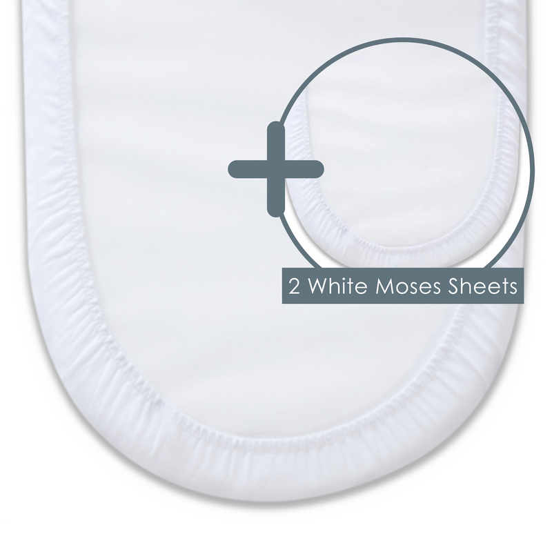 Moses Basket Mattress Protector bundled with a pack of two white Moses basket mattress sheets | Soft Baby Sheets | Cot, Cot Bed, Pram, Crib & Moses Basket Bedding - Clair de Lune UK