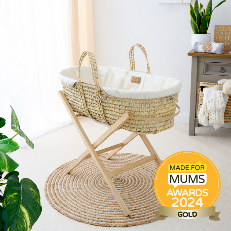 Cream Organic Palm Moses Basket bundled with the Natural Compact Folding Stand with M4M award winning logo | Moses Baskets and Stands | Co-sleepers | Nursery Furniture - Clair de Lune UK