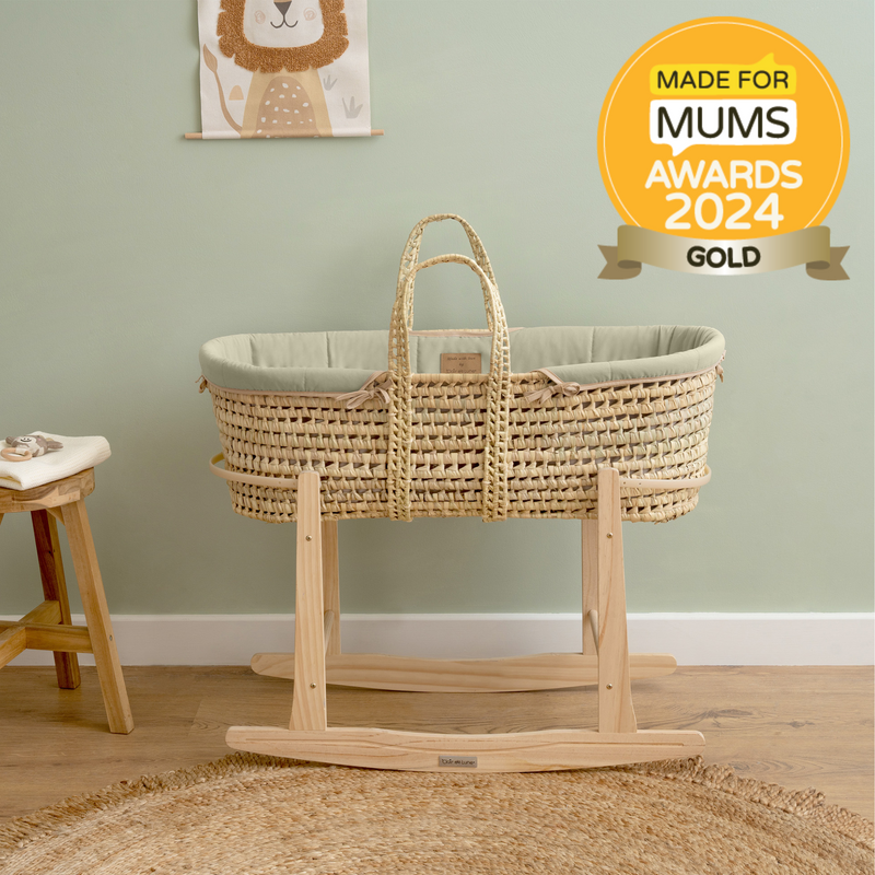 Sage Green Organic Palm Moses Basket on the Natural Standard Rocking Stand in the Scandi Green nursery | Moses Baskets and Stands | Co-sleepers | Nursery Furniture - Clair de Lune UK