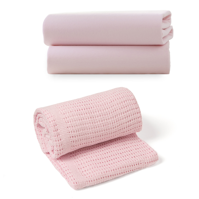Folded Pink Soft Cotton Cellular Cot Blanket bundled with a pair of two matching soft cot/cot bed sheets in pink | Cosy Baby Blankets | Nursery Bedding | Newborn, Baby and Toddler Essentials - Clair de Lune UK