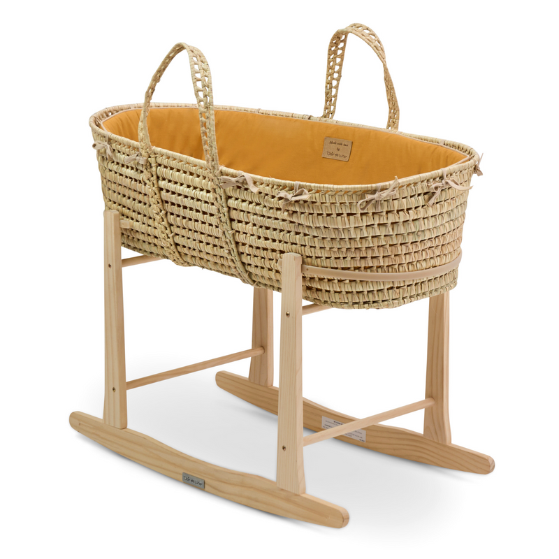 Gold Savannah Palm Moses Basket on the Natural Standard Rocking Stand | Moses Baskets and Stands | Co-sleepers | Nursery Furniture - Clair de Lune UK