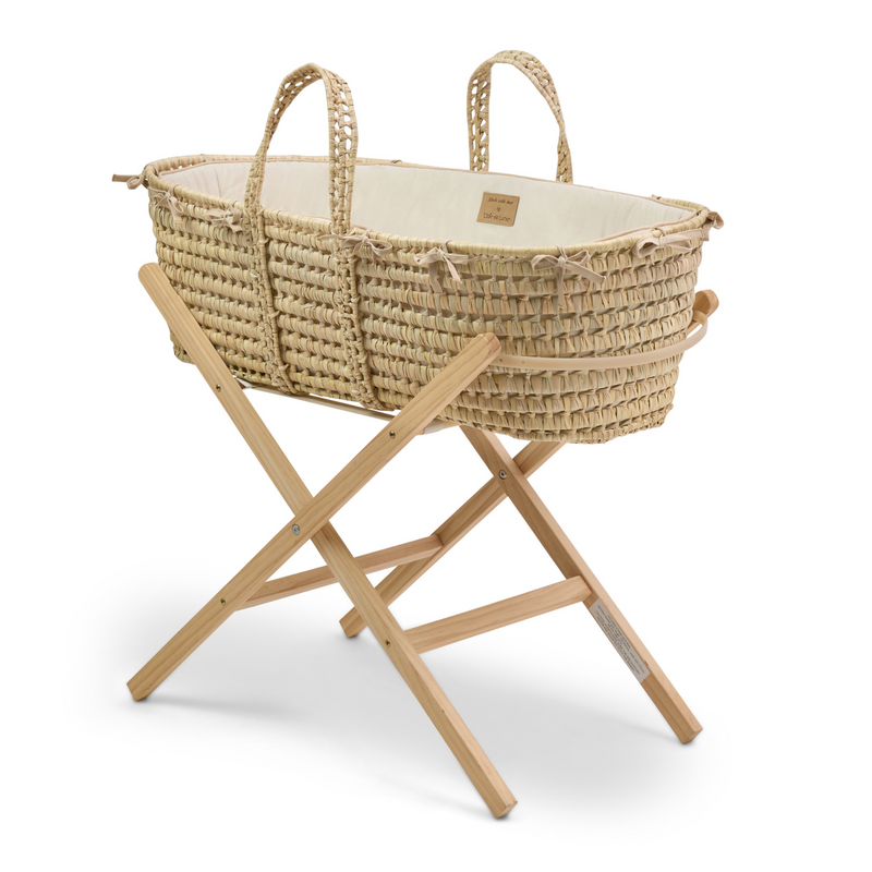 Sandshell Savannah Palm Moses Basket on the Natural Folding Stand | Moses Baskets and Stands | Co-sleepers | Nursery Furniture - Clair de Lune UK