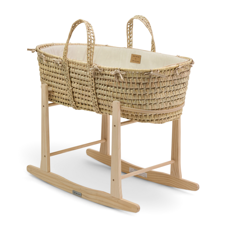 Sandshell Savannah Palm Moses Basket on the Natural Standard Rocking Stand | Moses Baskets and Stands | Co-sleepers | Nursery Furniture - Clair de Lune UK
