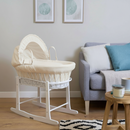 Cream Waffle White Wicker Moses Basket on White Rocking Stand in Greige Living room | Moses Baby baskets, bassinets & Co-sleepers | Nursery Furniture - Clair de Lune UK