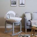 White Waffle Grey Wicker Moses Basket and Deluxe Rocking Stand in Greige Living Room | Moses Baby Baskets & Bassinets | Nursery Furniture - Clair de Lune UK