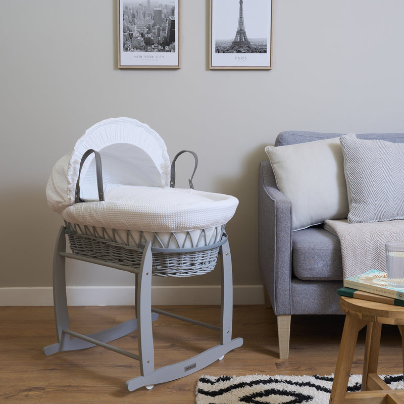 White Waffle Grey Wicker Moses Basket and Deluxe Rocking Stand in Greige Living Room | Moses Baskets | Co-sleepers | Nursery Furniture - Clair de Lune UK