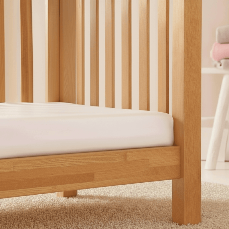 Fitted Mattress Protector to fit Cot/Cot Bed on Solid Oak Cot Bed in a cream nursery | Soft Baby Sheets on a cot bed mattress | Cot, Cot Bed, Pram, Crib & Moses Basket Bedding - Clair de Lune UK
