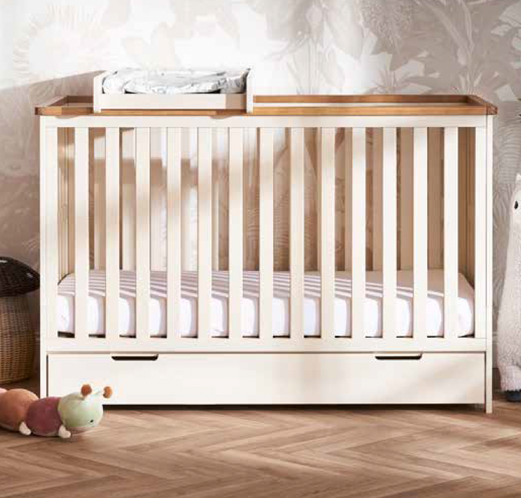 Cashmere Natural Cot Bed with an underdrawer of the Cashmere Natural Obaby Evie Room Sets | Nursery Furniture Sets | Room Sets | Nursery Furniture - Clair de Lune UK