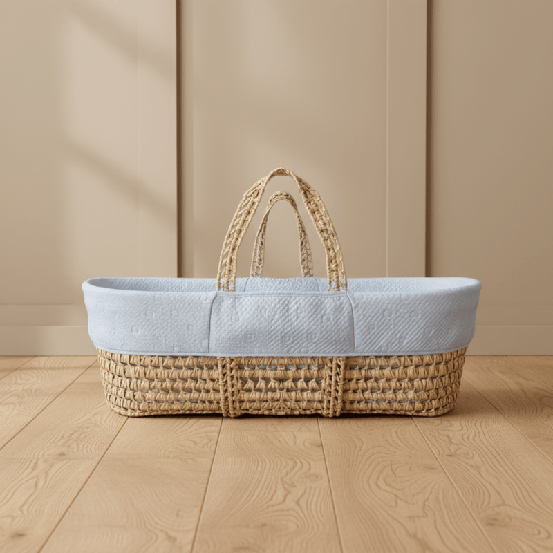 Blue Cotton Candy Palm Moses Basket on oak floor | Moses Baby Baskets & Bassinets | Nursery Furniture - Clair de Lune UK