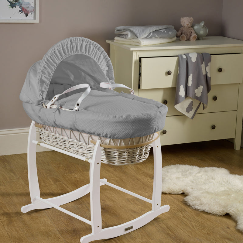 Grey Cotton Dream White Wicker Moses Basket on Deluxe White Rocking Stand in a cosy grey nursery with wooden floors | Moses Baskets | Co-sleepers | Nursery Furniture - Clair de Lune UK