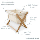 Cream Organic Folding Crib showing arrows to all the benefits of the baby bed | Bedside & Folding Cribs | Co Sleeper & Travel Cots | Nursery Furniture - Clair de Lune UK