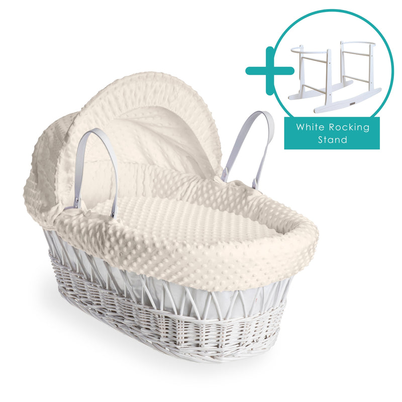 Cream Dimple White Wicker Moses Basket bundled with standard rocking stand | Moses Baby Baskets and Bassinets | Nursery Furniture - Clair de Lune UK