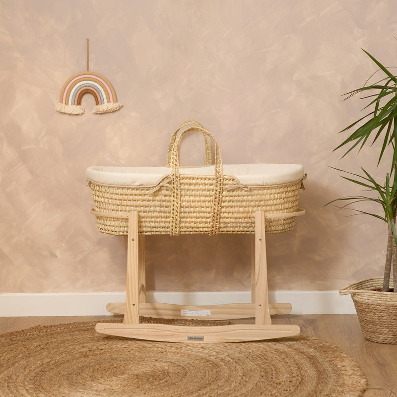 Cream Organic Palm Moses Basket on the Natural Standard Rocking Stand in a Scandi cream nursery | Moses Baskets and Stands | Co-sleepers | Nursery Furniture - Clair de Lune UK