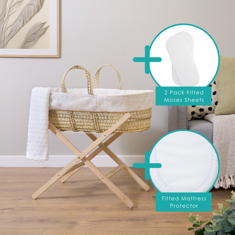 Cream Special Buy - Scandi Moses Basket With Stand and Blanket in greige living room with bundle options of 2 pack fitted moses sheets and mattress protector | Moses Baby Baskets, Bassinets & co-sleepers | Nursery Furniture - Clair de Lune UK