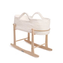 White Crochet Moses Basket with Natural Rocking Stand on White Background | Moses Baby Basket and Stand | Nursery Furniture - Clair de Lune UK
