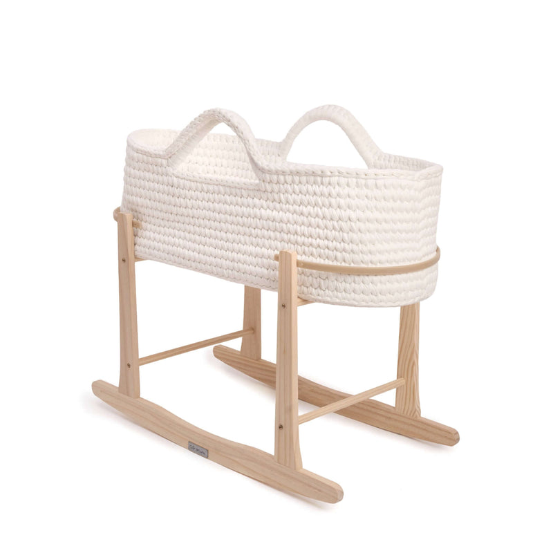 White Crochet Moses Basket with Natural Rocking Stand on White Background | Moses Baby Basket and Stand | Nursery Furniture - Clair de Lune UK
