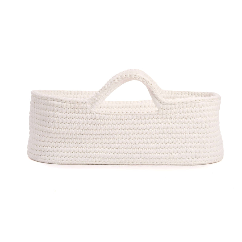 Profile view of the White Crochet Moses Basket with integrated woven handles | Moses Baby Basket and Stand | Nursery Furniture - Clair de Lune UK