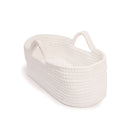 White Crochet Moses Basket with close-up of the weave and integrated handles on whie background | Moses Baby Basket and Stand | Nursery Furniture - Clair de Lune UK