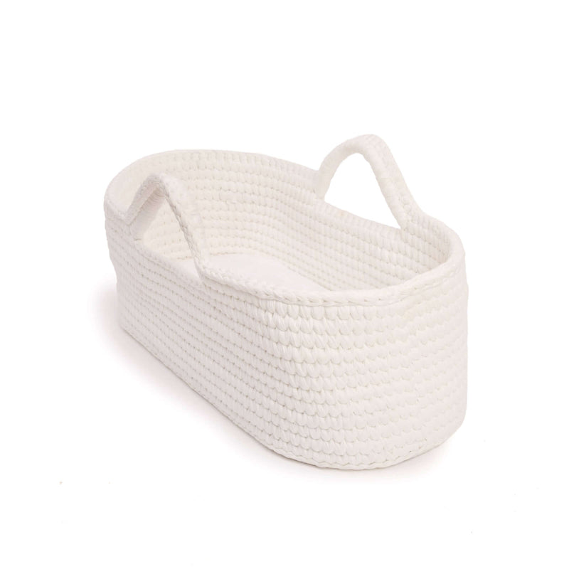 White Crochet Moses Basket with close-up of the weave and integrated handles on whie background | Moses Baby Basket and Stand | Nursery Furniture - Clair de Lune UK