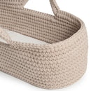 Close up of the Champagne Crochet Moses Basket with Natural Rocking Stand on White Background | Moses Baby Basket and Stand | Nursery Furniture - Clair de Lune UK