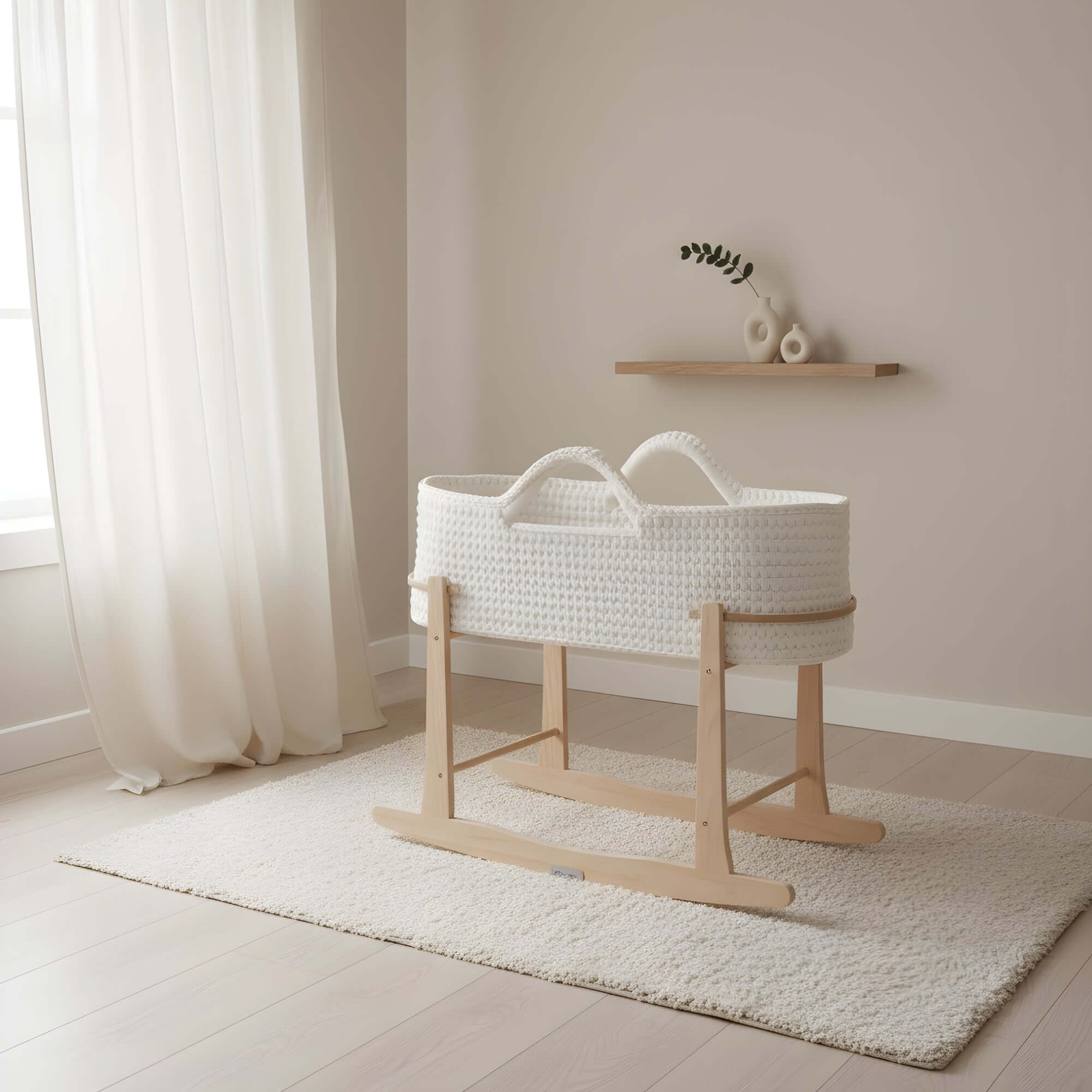 White Crochet Moses Basket With Stand in a neutral and calm beige nursery | Moses Baby Baskets & Bassinets - Clair de Lune UK