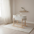 White Crochet Moses Basket With Stand in a neutral and calm beige nursery | Moses Baby Baskets & Bassinets - Clair de Lune UK