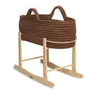 Chocolate Crochet Moses Basket with Natural Rocking Stand on White Background | Moses Baby Basket and Stand | Nursery Furniture - Clair de Lune UK