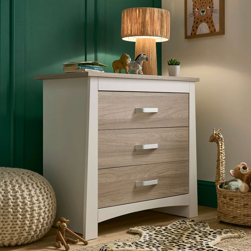 White and Natural Dresser from the CuddleCo Ada Cot Bed & Nursery Room Sets in a trendy green nursery room | Nursery Furniture Sets | Room Sets | Nursery Furniture - Clair de Lune UK