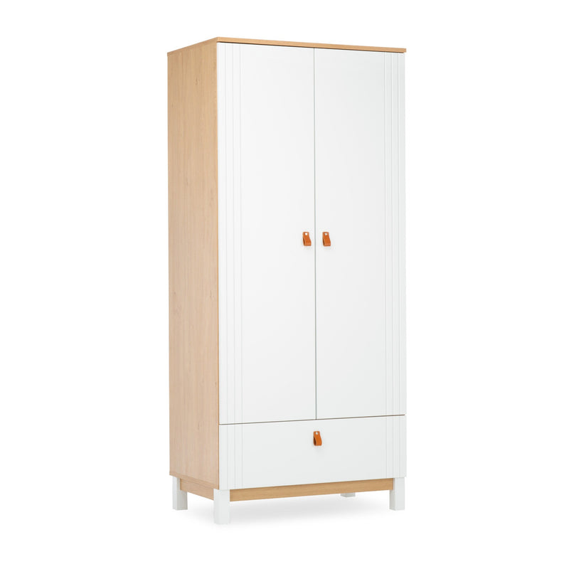 The side of the White and Natural CuddleCo Rafi Freestanding Double Wardrobe with Drawer | Wardrobes & Shelves | Storage Solutions | Nursery Furniture - Clair de Lune UK 