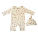 Natural Cream Baby Body Suit with unisex dash pattern and matching hat from the Little Dreamers Luxury Organic Gift Set | Newborn Gift Set | Baby Grow | Organic Nursery Range - Clair de Lune UK