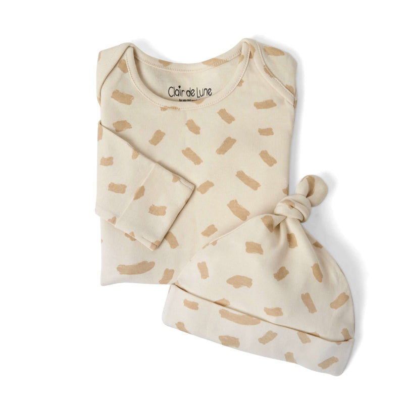 Baby onesie with unisex dash pattern with matching hat from the Little Dreamers Luxury Organic Gift Set on white background | Newborn Gift Set | Baby Grow | Organic Nursery Range - Clair de Lune UK