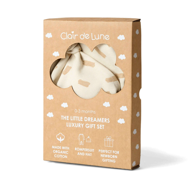 Little Dreamers Luxury Organic Baby Gift Set in beautiful brown packaging | Newborn Gift Set | Baby Grow | Organic Nursery Range - Clair de Lune UK