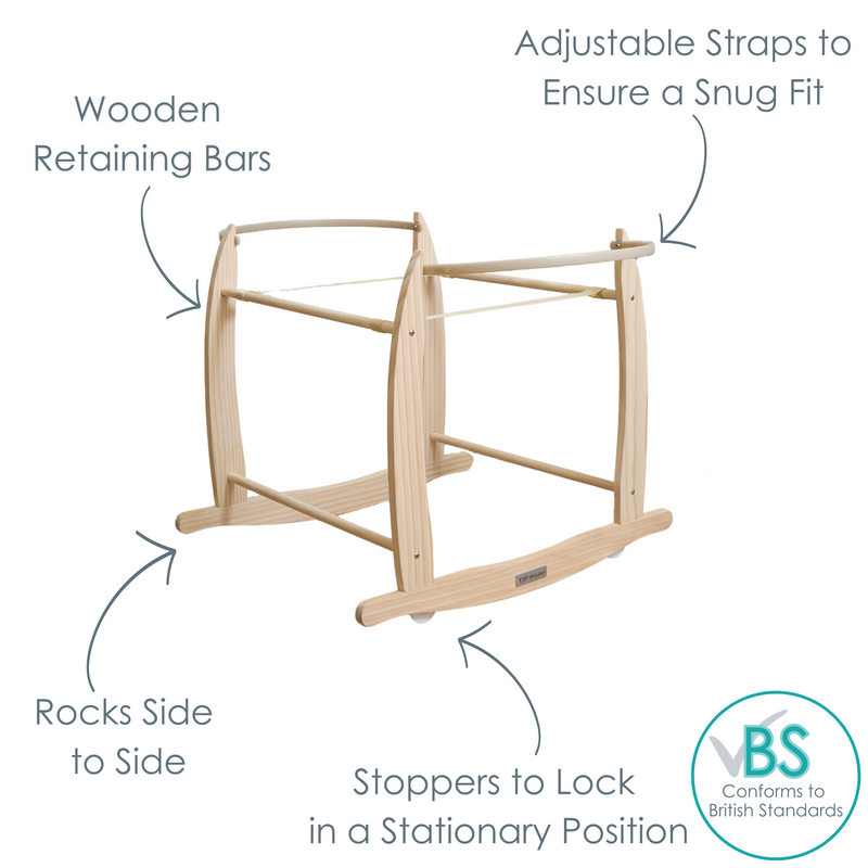 Natural Deluxe Rocking Stand showing the features of adjustable straps, wooden retaining bars, rocking motion and stoppers on the basket | Moses Basket Stand | Moses Baby Baskets & Bassinet Accessories | Nursery Furniture - Clair de Lune UK