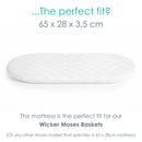 Dimensions and fit of the Quilted Microfibre Wicker Moses Basket Mattress (65 x 28 cm) | Moses Basket Mattresses | Newborn Bedding - Clair de Lune UK