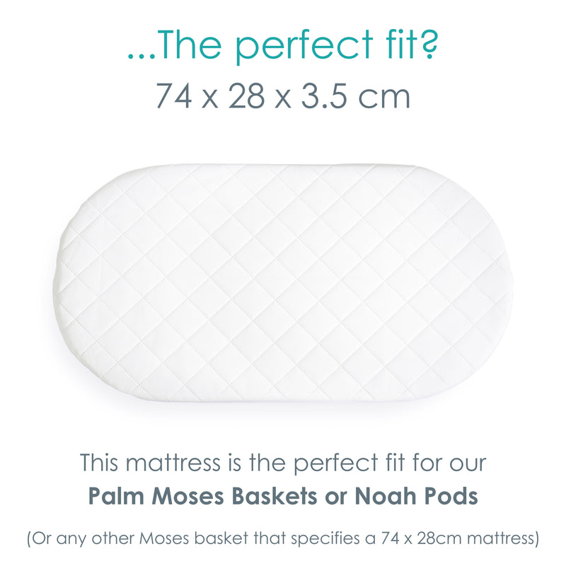 Quilted Noah Pod/ Palm Moses Basket Mattress (74 x 28 cm) Diagram showing the dimensions and fit | Moses Basket Accessories | Nursery Furniture - Clair de Lune UK