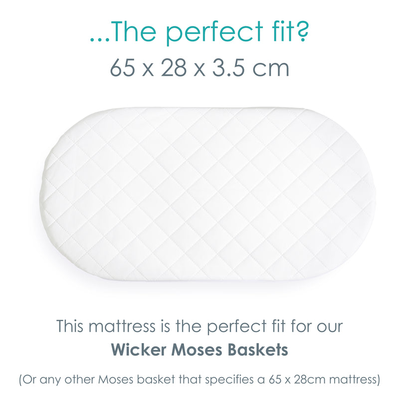 Dimensions and fit of the Quilted Microfibre Wicker Moses Basket Mattress (65 x 28 cm) | Moses Basket Mattresses | Newborn Bedding - Clair de Lune UK