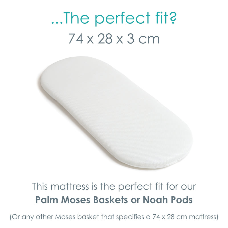 Diagram of the dimensions and fit of the 3D Mesh Reversible Moses Basket/Noah Pod® Mattress - 74 x 28 cm | Moses Basket Mattresses | Newborn Bedding - Clair de Lune UK