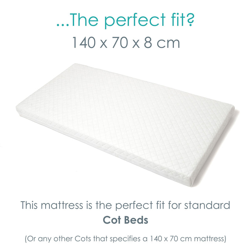 Dimensions for the Essentials Hypoallergenic Fibre Cot Bed Mattress (140 x 70 cm) | Cot Bed Mattresses (140x70cm) | Baby & Toddler Mattresses | Bedding | Nursery Furniture - Clair de Lune UK