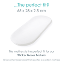 Dimensions of the Hypoallergenic Wicker Moses Basket Mattress measuring 65 x 28 cm | Moses Basket Mattresses | Moses Baby Basket Accessories | Nursery Bedding - Clair de Lune UK