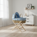 Blue Dimple Palm Moses Basket with Folding Stand in a white neutral nursery with changing unit | Moses Baby Baskets & Bassinets | Nursery Furniture - Clair de Lune UK