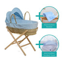 Blue Dimple Palm Moses Basket with Folding Stand and bedding bundle | With Blue Baby Blanket and Hooded Bath Towel |Moses Baby Baskets, Bassinets & Co-sleepers | Nursery Furniture - Clair de Lune UK