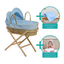 Blue Dimple Palm Moses Basket with Folding Stand and bedding bundle | With Blue Baby Blanket and Hooded Bath Towel |Moses Baby Baskets, Bassinets & Co-sleepers | Nursery Furniture - Clair de Lune UK