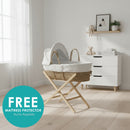 White Dimple Palm Moses Basket With Stand & Bedding Bundle and FREE Mattress Protector | Moses Baskets & Bassinets - Clair de Lune UK